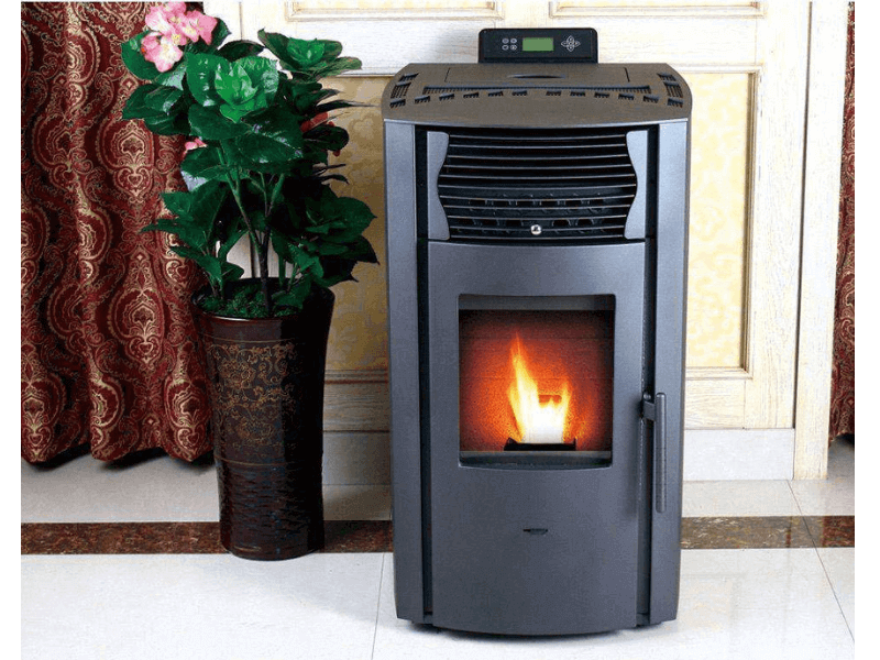HP50S Pellet Stove Black,  next to plant